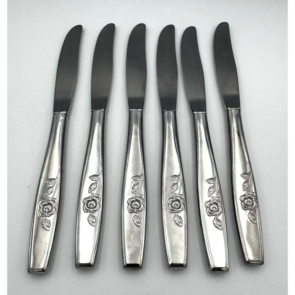Lot of 6 Vintage Oneida Lasting Rose Stainless Steel Dinner Knives 8.5